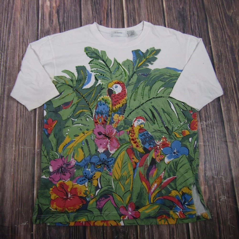 Vintage Arlando Womens Medium Parrot Tropical Floral T Shirt Sequin Hawaiian